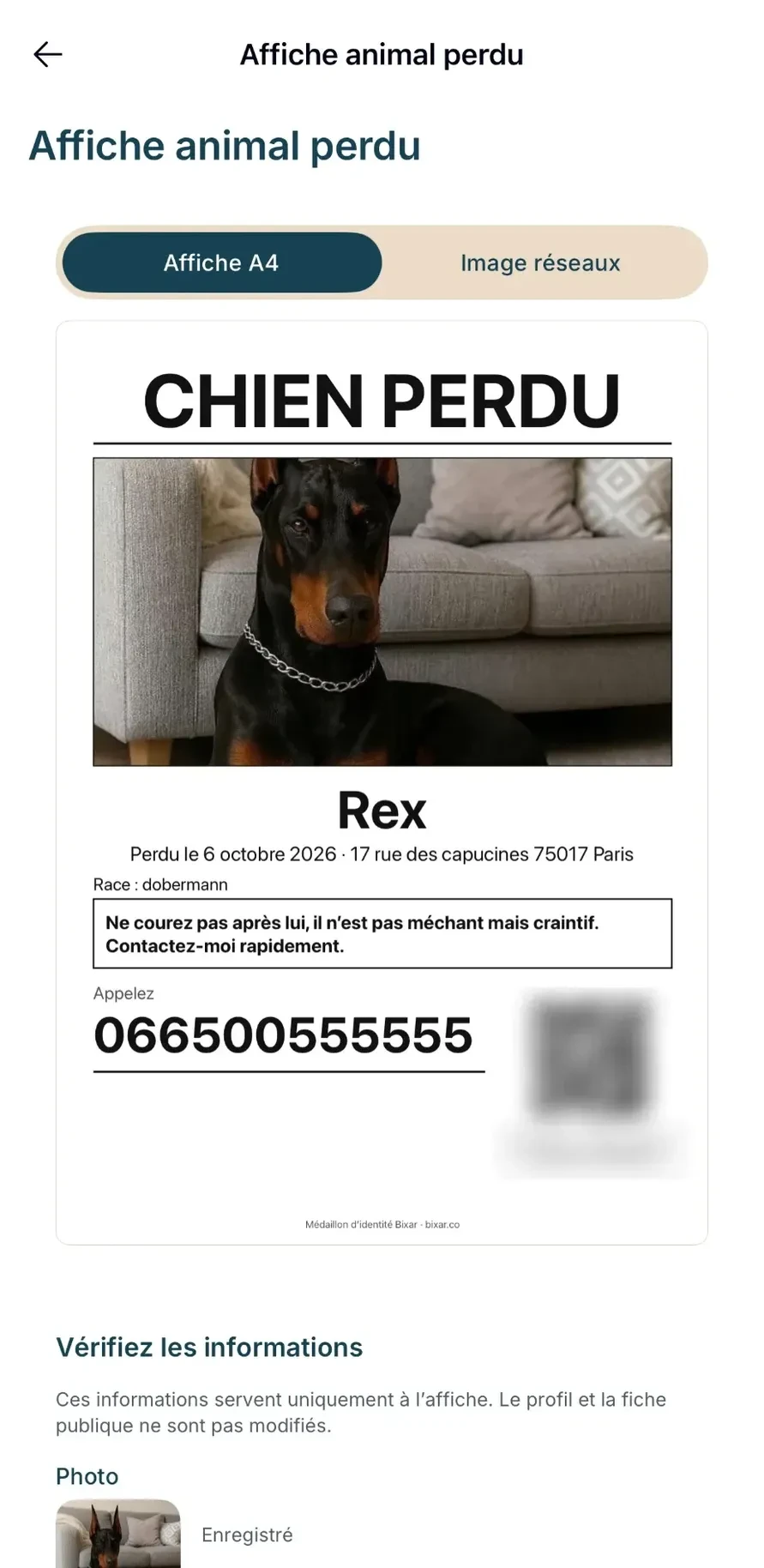Écran Affiche animal perdu : affiche A4 « Chien perdu » de Rex, dobermann : photo, date et lieu, consigne « ne courez pas après lui », numéro à appeler et QR code (flouté ici)