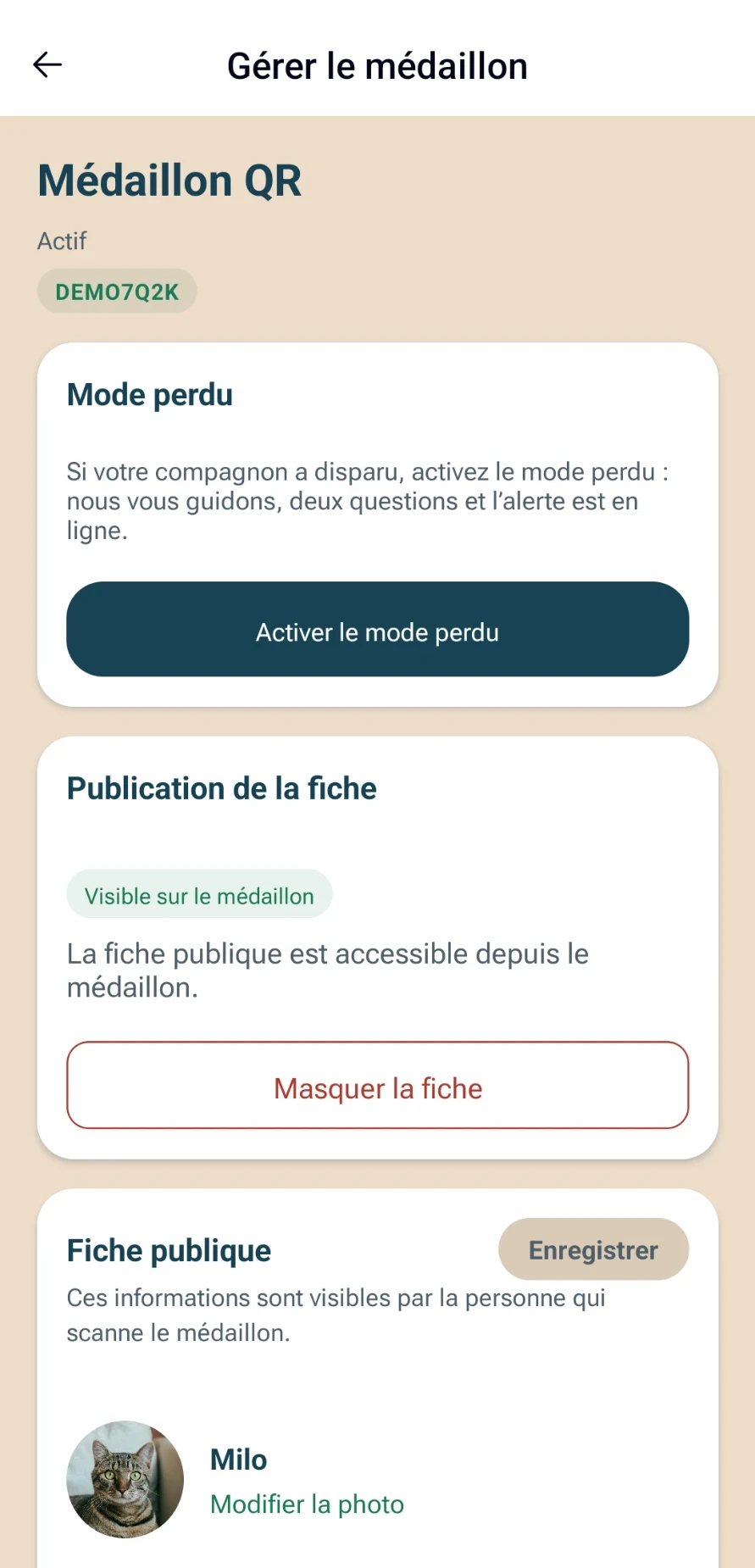 Écran Gérer le médaillon : activer le mode perdu en deux questions, publication de la fiche