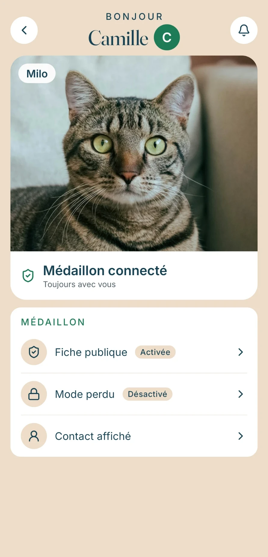 Écran Médaillon connecté : fiche publique activée, mode perdu désactivé, contact affiché