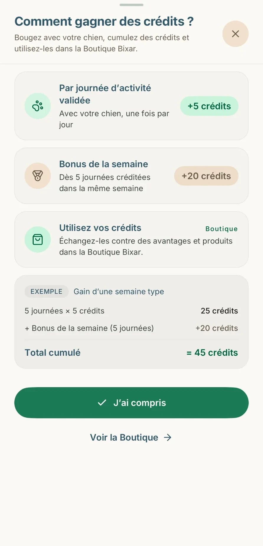 Écran « Comment gagner des crédits ? » : 5 crédits par journée d’activité validée, 20 crédits de bonus dès 5 journées dans la semaine, exemple d’une semaine type à 45 crédits