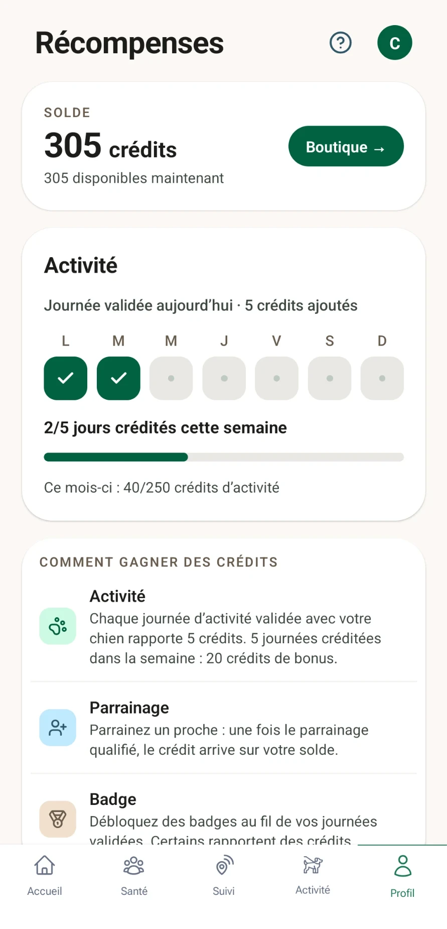 Écran Récompenses : solde de crédits, journées validées de la semaine, façons de gagner des crédits
