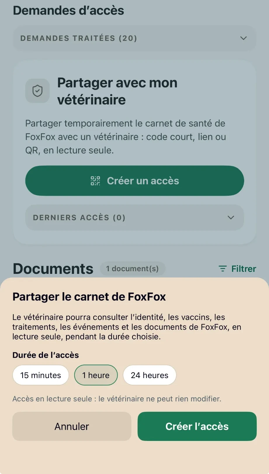 Partager le carnet : durée de l’accès 15 minutes, 1 heure ou 24 heures, accès en lecture seule