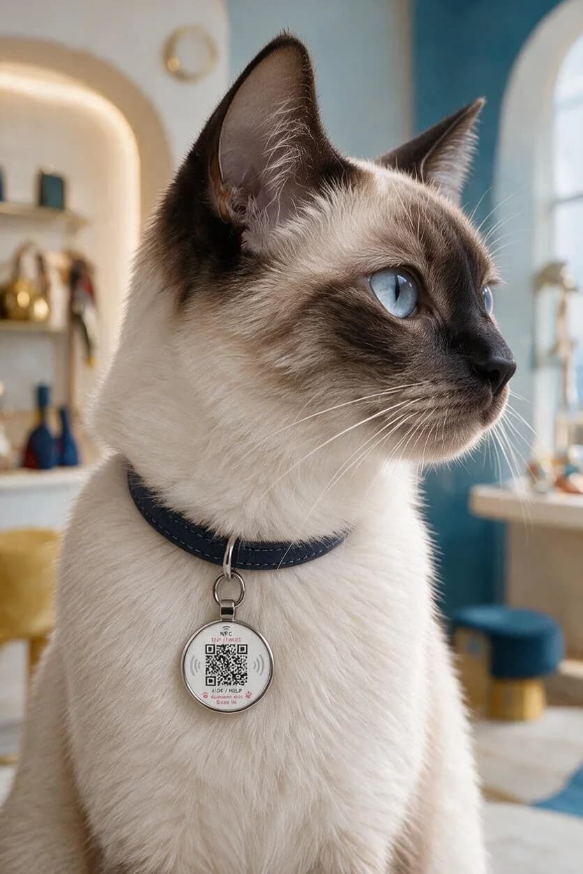 Un chat siamois porte le médaillon Bixar dans un intérieur bleu