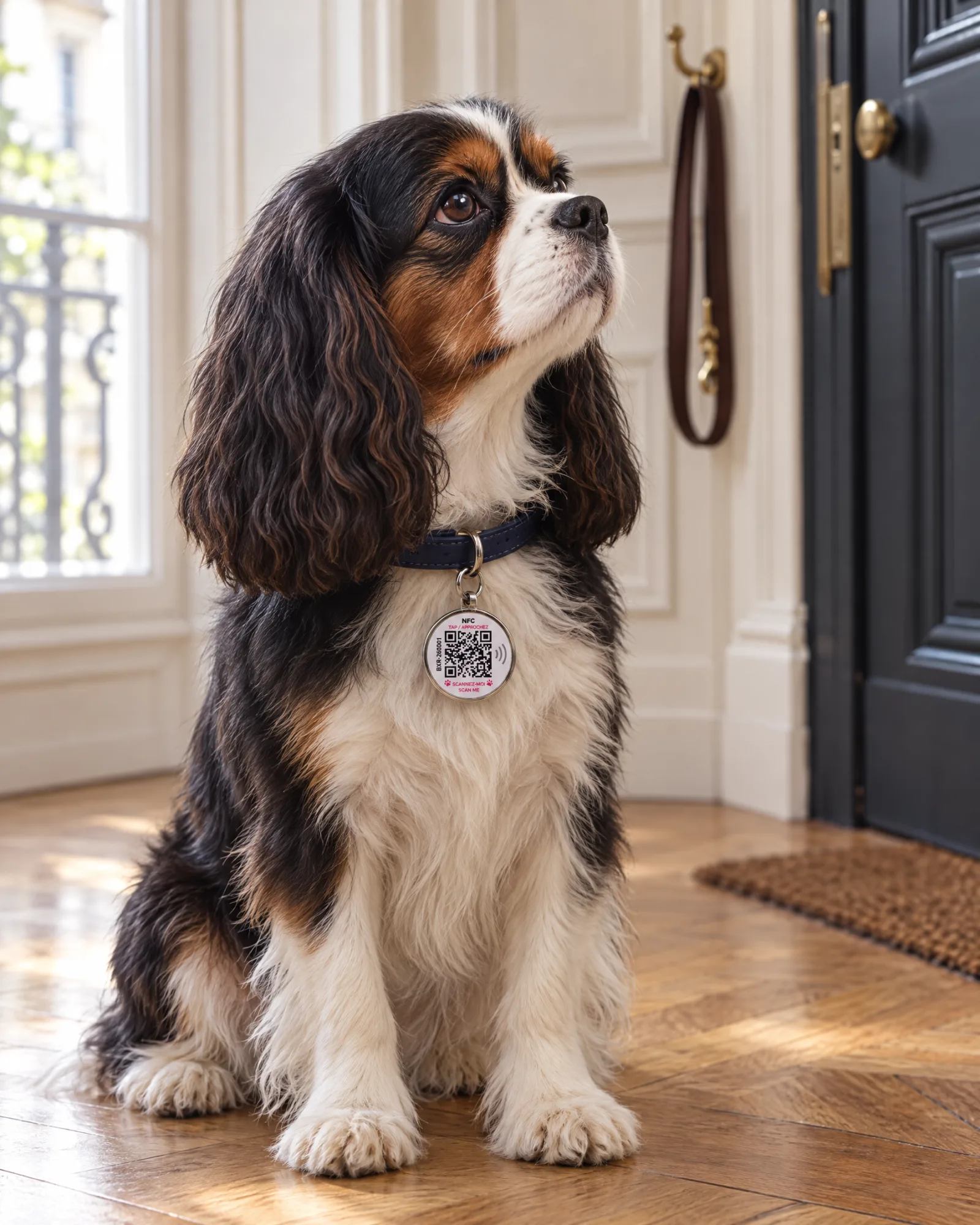 Un cavalier king charles porte le médaillon Bixar dans une entrée d’immeuble