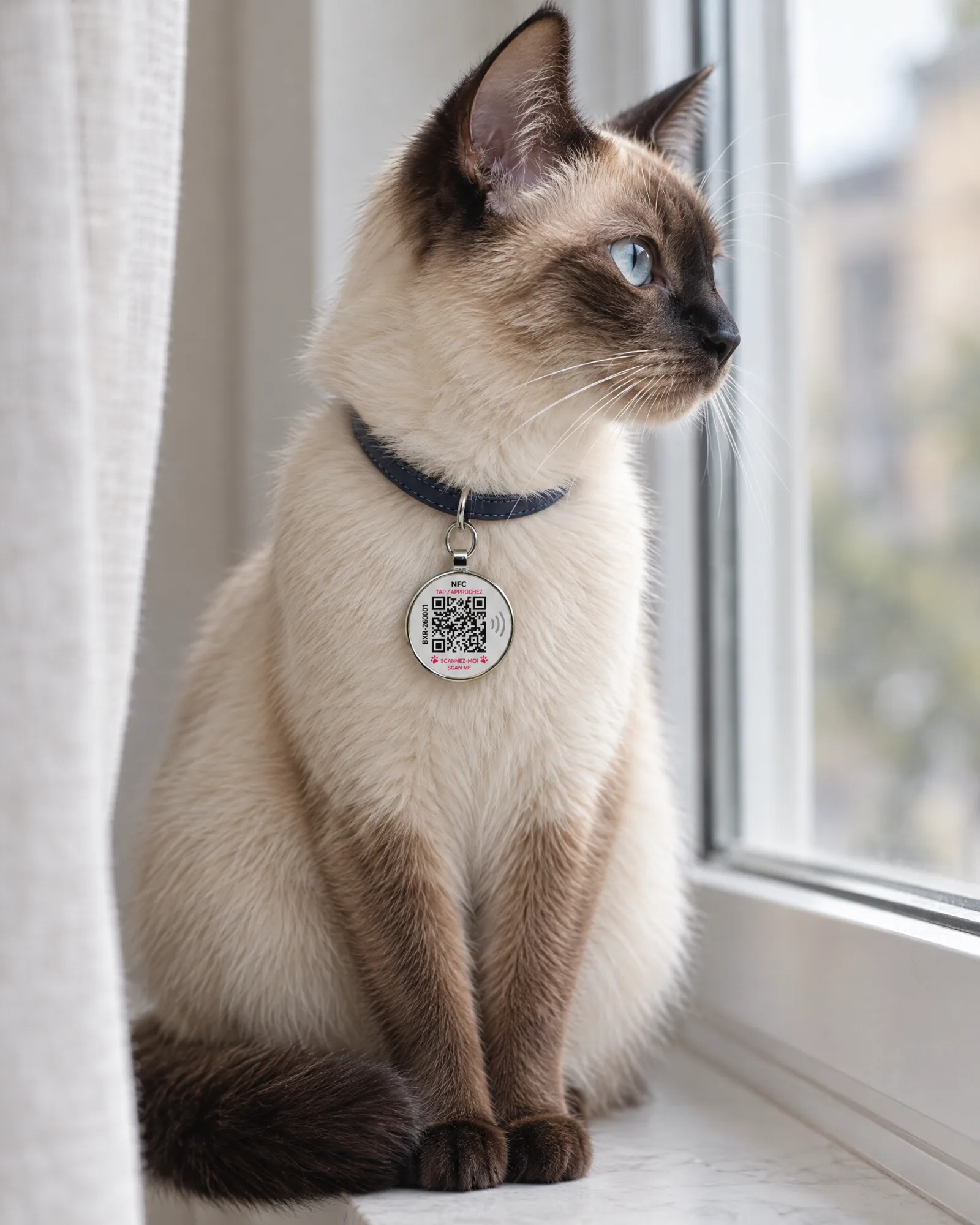 Un chat siamois à la fenêtre, le médaillon Bixar au collier
