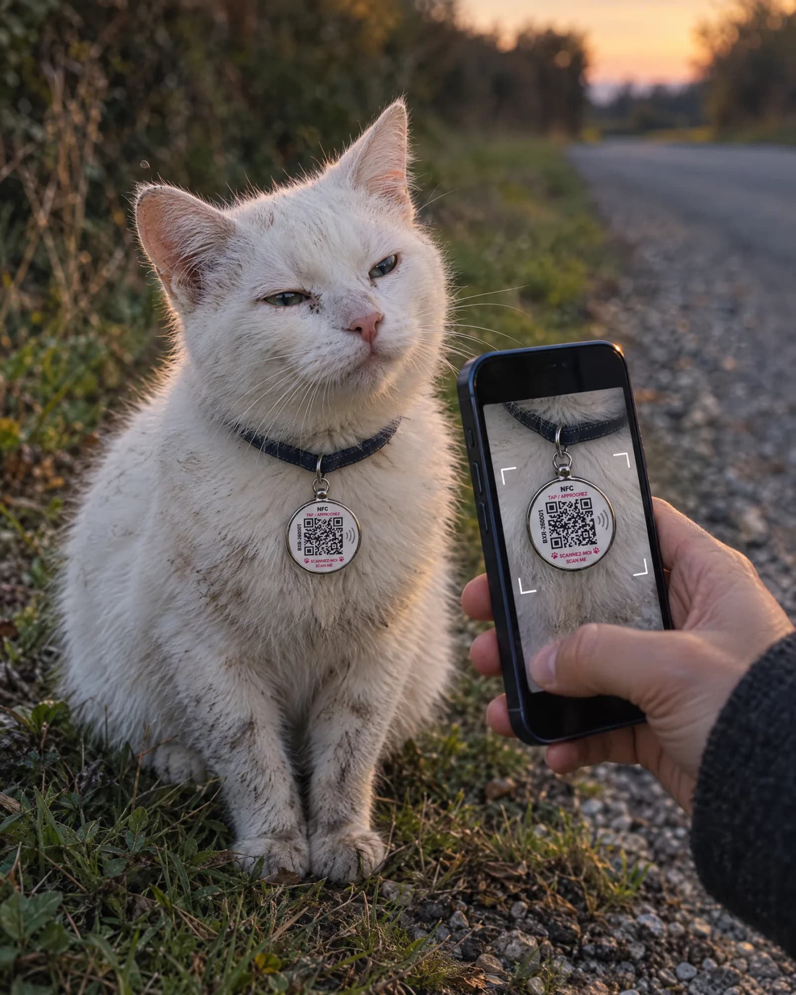 Un téléphone scanne le médaillon d’un chat blanc au bord d’un chemin