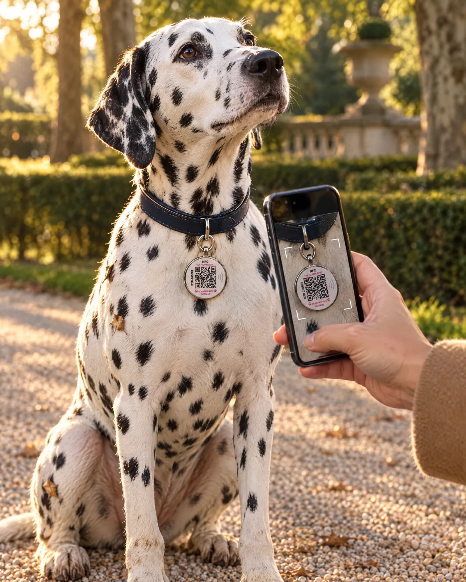 Un téléphone scanne le médaillon Bixar au collier d'un dalmatien