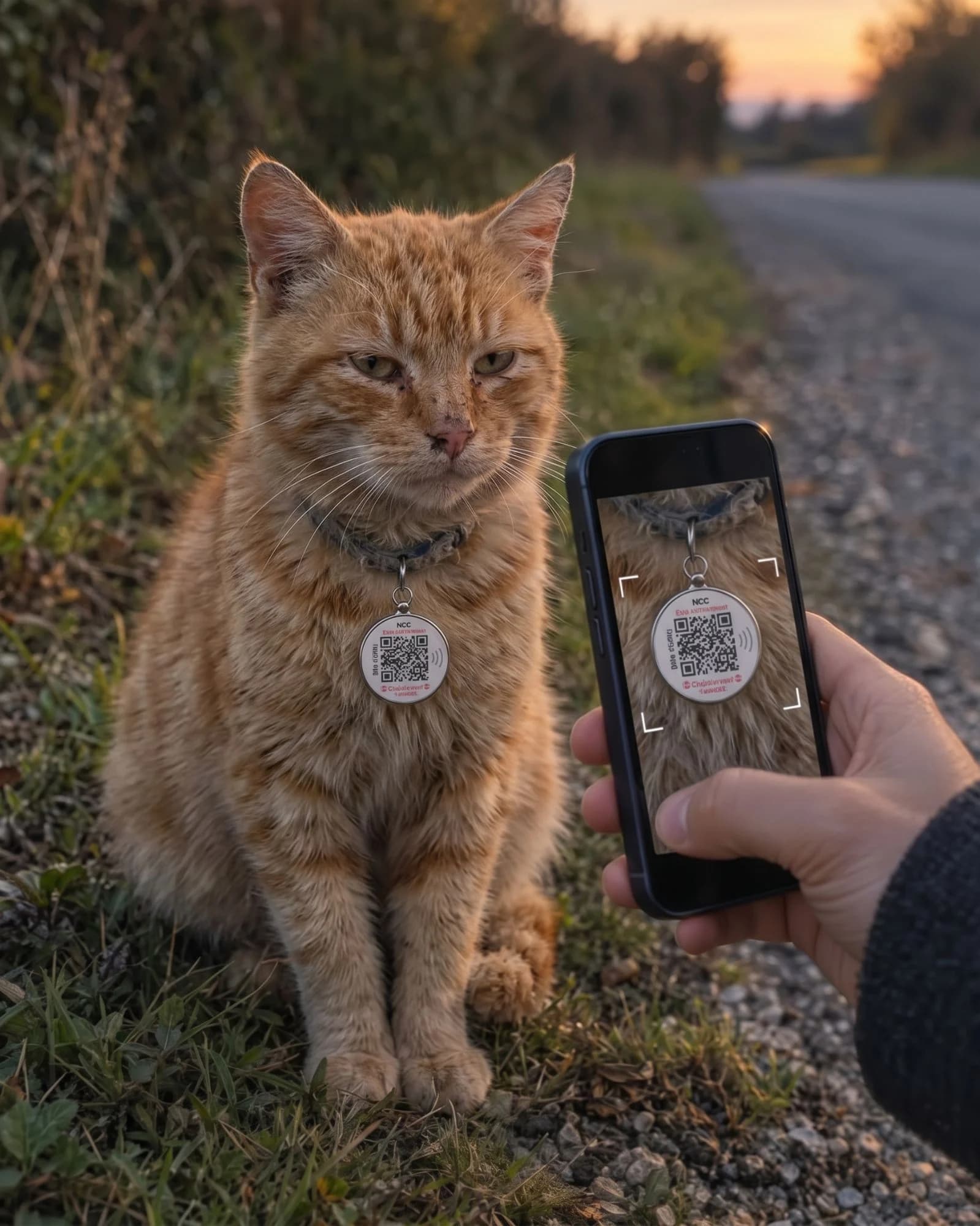 Un chat roux trouvé au bord d’une route, au coucher du soleil ; une personne scanne son médaillon avec son téléphone
