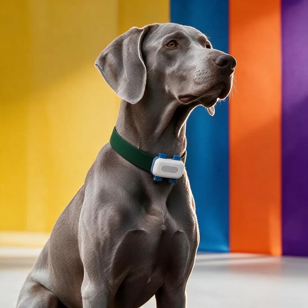 Un braque gris porte le traceur Viva sur son collier vert, devant des murs colorés